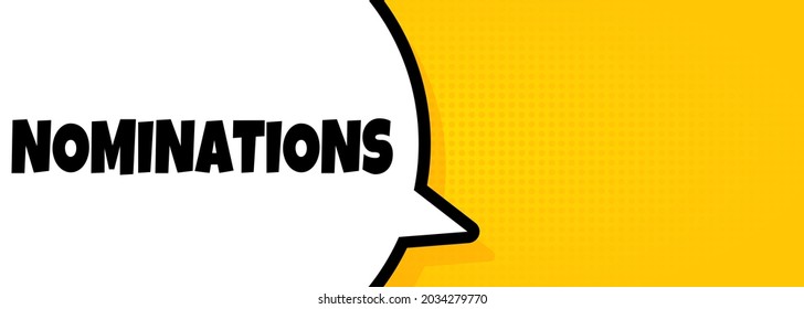Nominaciones. Banner de la burbuja de discursos con texto de nominaciones. Altavoz. Para negocios, marketing y publicidad. Vector de fondo aislado. EPS 10.