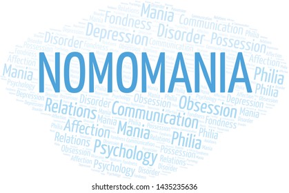 Nomomania word cloud. Type of mania, made with text only.