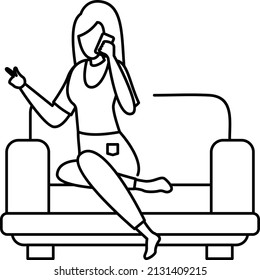 Nomophobia Addiction Vector Icon Design, Free time activities Symbol, Extracurricular activity Sign, hobbies interests Stock Illustration, Woman At Home On Sofa Cheerfully Speaking On Phone Concept 
