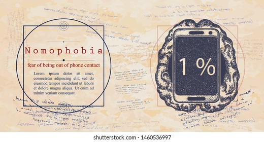 Nomophobia. Fear of being out of mobile phone contact phobia. Psychological vector illustration. Psychotherapy and psychiatry. Medieval medicine manuscript  
