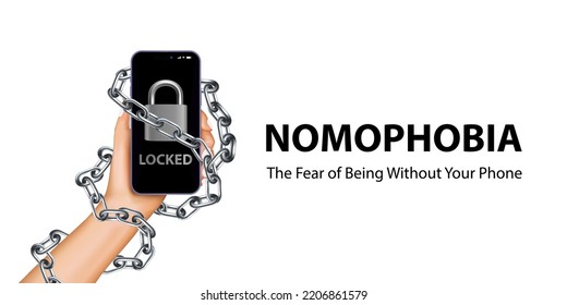 Nomophobia and Internet addiction. Iron chain ties together hand and smartphone. User's hand chained to a smartphone in concept of social media and internet nomophobia and digital detox. Vector.