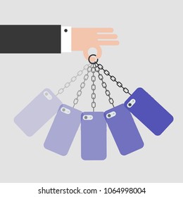 Nomophobia. Mobile phone addiction. Smartphone swinging on a chain. New technologies. Flat editable vector illustration, clip art