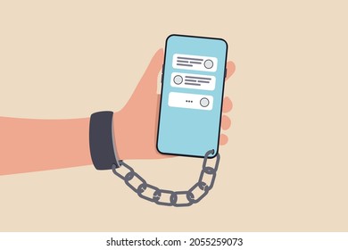 Nomophobia or no mobile phone phobia, smartphone and social media addicted or fear of missing out concept, young people with handcuff chained with mobile phone with chat and social media applications.