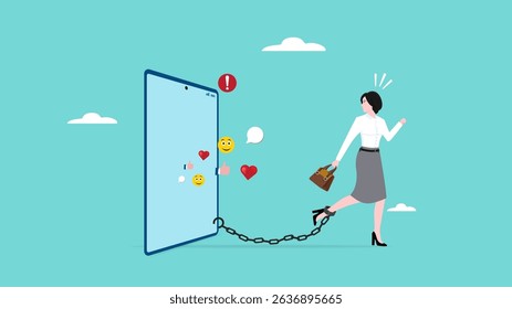 nomophobia or no mobile phone phobia, overusing mobile phone concept, woman who are afraid to remove from mobile phone connectivity, woman Chained to Big Smart Phone illustration