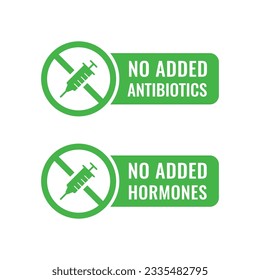 Non Added Antibiotic icon. Non Added hormone Icon. Food Without Hormones and Antibiotic Green Sign.