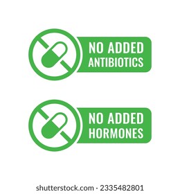 Non Added Antibiotic icon. Non Added hormone Icon. Food Without Hormones and Antibiotic Green Sign.