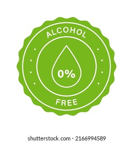 Non Alcohol in Beauty Product Stamp. Zero Percent Alcohol Free Green Label. No Contain Alcohol in Natural Cosmetic Sticker. Droplet in Round Seal Symbol of Nonalcoholic. Isolated Vector Illustration.