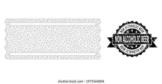Non Alcoholic Beer grunge seal and vector ticket template mesh model. Black stamp has Non Alcoholic Beer title inside ribbon and rosette. Abstract flat mesh ticket template, created from flat mesh.