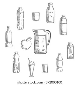 Non alcoholic drinks and beverages sketches set pitcher and fresh apple encircled by bottles of water, milk, juice, cola, lemonade and glasses with cocktails. Vector sketch illustration