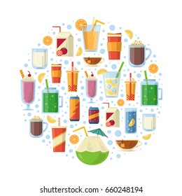 Non Alcoholic Drinks In Circle Shape. Vector Illustration