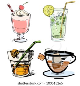 Non alcoholic drinks collection. Hand drawing colorful sketch vector icons