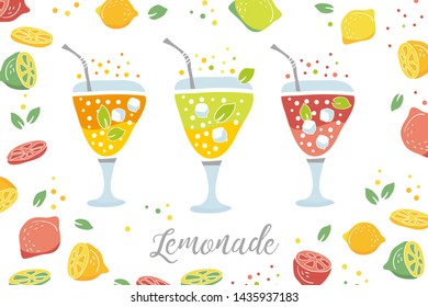 Non Alcoholic Drinks, Lemonade set. Cute doodle hand drawn lemons, glass, ice cubes, mint leaves, lemonade cocktail. Vector illustration.