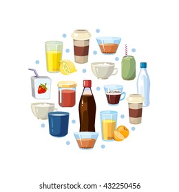 Non alcoholic drinks vector concept in circle design. Non-alcoholic beverage and illustration composition with beverage soda in bottle and tasty lemonade