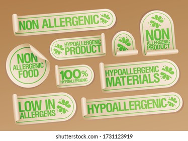 Non allergenic products and hypoallergenic materials stickers, safe products packing symbols vector set