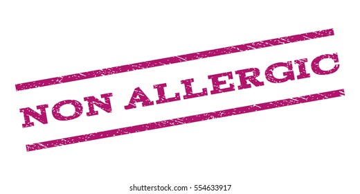 Non Allergic watermark stamp. Text tag between parallel lines with grunge design style. Rubber seal stamp with dust texture. Vector purple color ink imprint on a white background.
