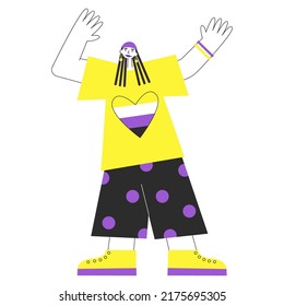 Non binary androgynous genderfluid person with pride symbols and flag. Queer male or female against lgbtq+ discrimination vector flat isolated illustration.