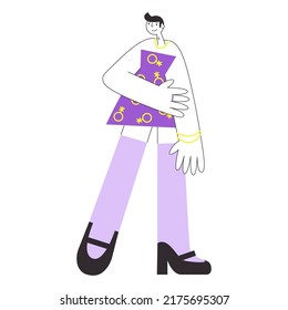 Non binary androgynous genderfluid person with pride symbols and flag. Queer male or female against lgbtq+ discrimination vector flat isolated illustration.