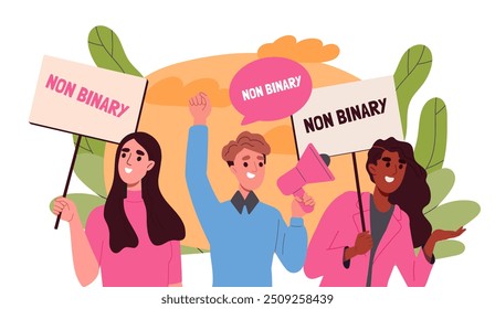 Non binary people. Man with loudspeaker and women with placards. Guy and girls with different genders. Tolerance and equality. Flat vector illustration isolated on white background