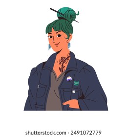 Non binary person avatar with LGBT badge. Face of hipster girl with tattoo. Young woman with bright hair, earrings portrait for user profile. Flat isolated vector illustration on white background