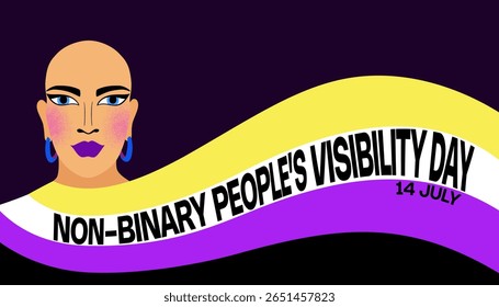 Non binary person with flag banner vector illustration. Poster to support visibility of people with divers gender indentity.