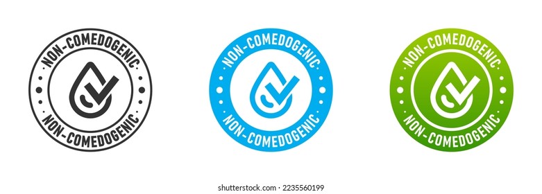 Non comedogenic icon. Droplet and checkmark in circle with lettering. Vector illustration.