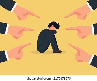 Non confident businessman, Opinion and the pressure of society. Hands of people point to the business.
