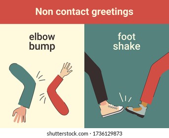 Non Contact Greetings Due To Coronovirus. Safe Greeting. Elbow Bump And Foot Shake. EPS 10