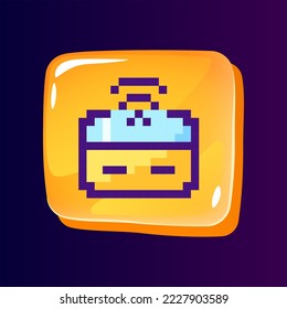 Botón ui brillante de pago sin contacto con icono de color pixelado. Tarjeta de crédito. Banca. Elemento gráfico editable de 8 bits en forma de rectángulo de vidrio brillante. Imagen aislada para arcade, diseño de videojuegos