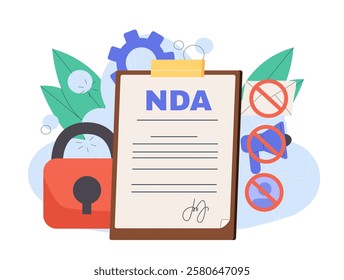 Non disclosure agreement. Clipboard with NDA inscription near red padlock. Patent and protection of rights. Legal support and defense of contracts. Flat vector illustration