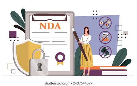 Non disclosure agreement concept. Worker with contract documents and agreements. Woman with patent and certificate. Cartoon flat vector illustration isolated on white background