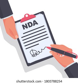 Non disclosure Agreement document with signature. NDA concept. Businessman signs a privacy document. Vector illustration flat design. 