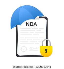 Non disclosure agreement document. Signature privacy document. NDA concept. Tablet with contract printing and safety signature under the umbrella. Business confidentiality paper. Vector illustration