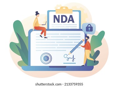 Non disclosure agreement. NDA contract. Tiny man sign confidentiality agreement document on laptop screen. Corporate secret protection. Modern flat cartoon style. Vector illustration