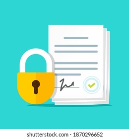 Non disclosure agreement vector icon flat cartoon illustration, nda confidential data nondisclosure or legal information document, secret file protection via padlock, privacy or copyright idea