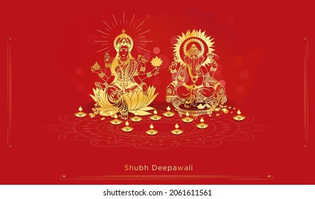 Non english translation: "Happy Diwali" Indian festival Dhanteras worship background with Goddess Lakshmi Laxmi Lord Ganesha and golden coins rangoli jewellery