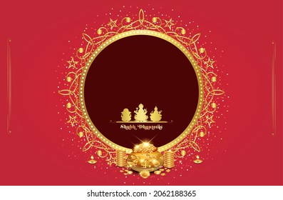 Non english translation "Happy Diwali" Indian Dhanteras puja festival creative with goddess Lakshmi Laxmi and god Ganesha golden ornament coins and jewellery   pot stock