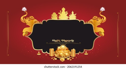 Non english translation: "Happy Diwali" Indian festival Dhanteras creative background with Goddess Lakshmi Laxmi Lord Ganesha golden coins ornaments jewellery and elephant