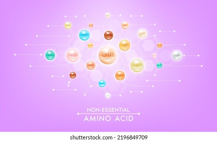 Non essential Amino acid for the body. Capsules vitamins minerals complex on pink background. Dietary supplement for pharmacy clinic ad banner design. Science medic concept. 3D Vector EPS10.