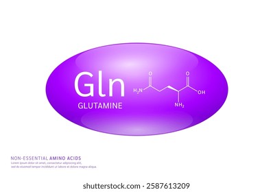 Non essential amino acids glutamine purple ellipse form with chemical structure on white background. For design supplement for the body and muscles. Medical Science. Vector EPS10.