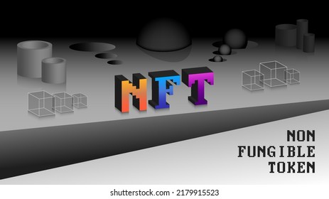 Non fungible token. 3d inscription NFT on an abstract black and white background with different geometric shapes