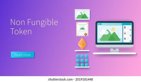 Non fungible token banner. Computer with a picture of the nft auction on screen. Crypto art auction. Painting, certificate and blockchain on the shelf. Web vector illustrations in 3D style