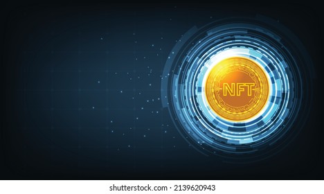 Non fungible token coin design.NFT coin in circuit board style for pay unique collectibles in games.Crypto currency concept. 