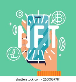 Non Fungible Token concept visual with hand holding mobile phone showing 'NFT' on screen surrounded with crypto currencies icons and coin symbols