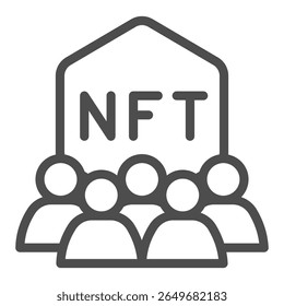 Non fungible token with group of users line icon, NFT multiverse concept. Vector graphics. Gamers society, publicity sign on white background, outline style icon for mobile or web design