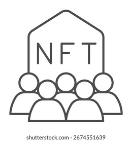 Token não fungível com grupo de usuários ícone de linha fina, NFT conceito multiverso. Gráficos vetoriais. Sociedade de jogadores, sinal de publicidade no fundo branco, ícone de estilo de contorno para design móvel ou web
