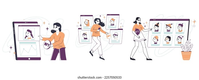 Non fungible token market. Cryptocurrency token, digital crypto art concept, people selling and buying NFT crypto masterpieces flat vector illustration on white background