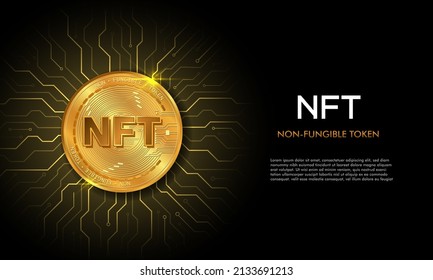 Non fungible token NFT.Technology background with circuit.NFT logo.Crypto currency concept.