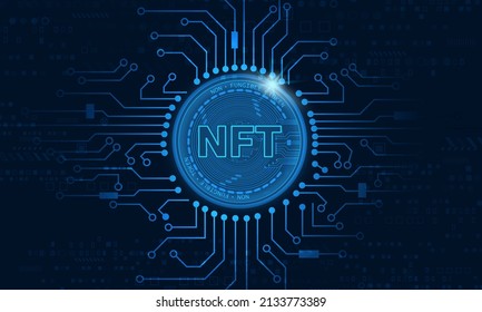 Non fungible token NFT.Technology background with circuit.NFT logo dark blue.Crypto currency concept.