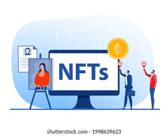 Non fungible token sell and buy art on market place illustration landing page for websites, mobile applications vector