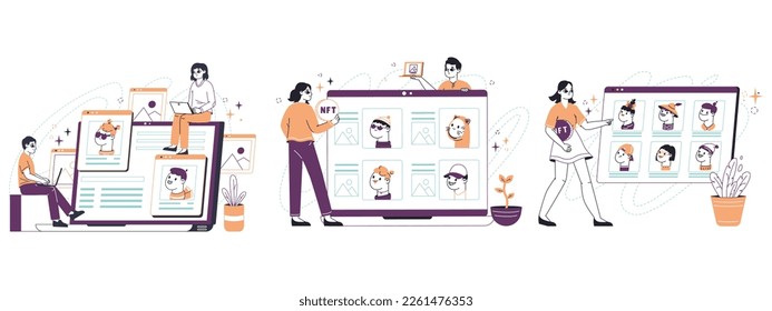 Non fungible tokens. Digital crypto art, cryptocurrency token, people selling and buying NFT crypto arts. Flat vector illustration on white background